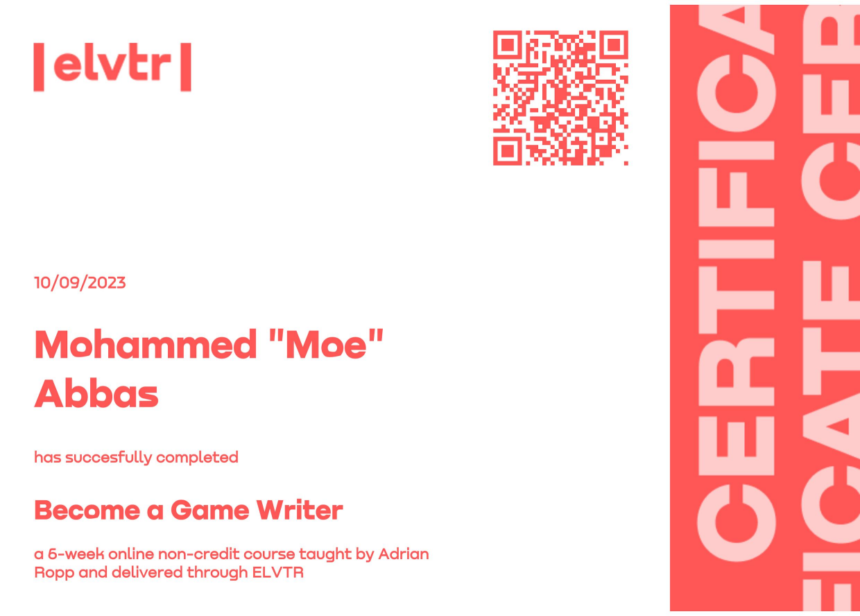 ELVTR Game Writing Certificate