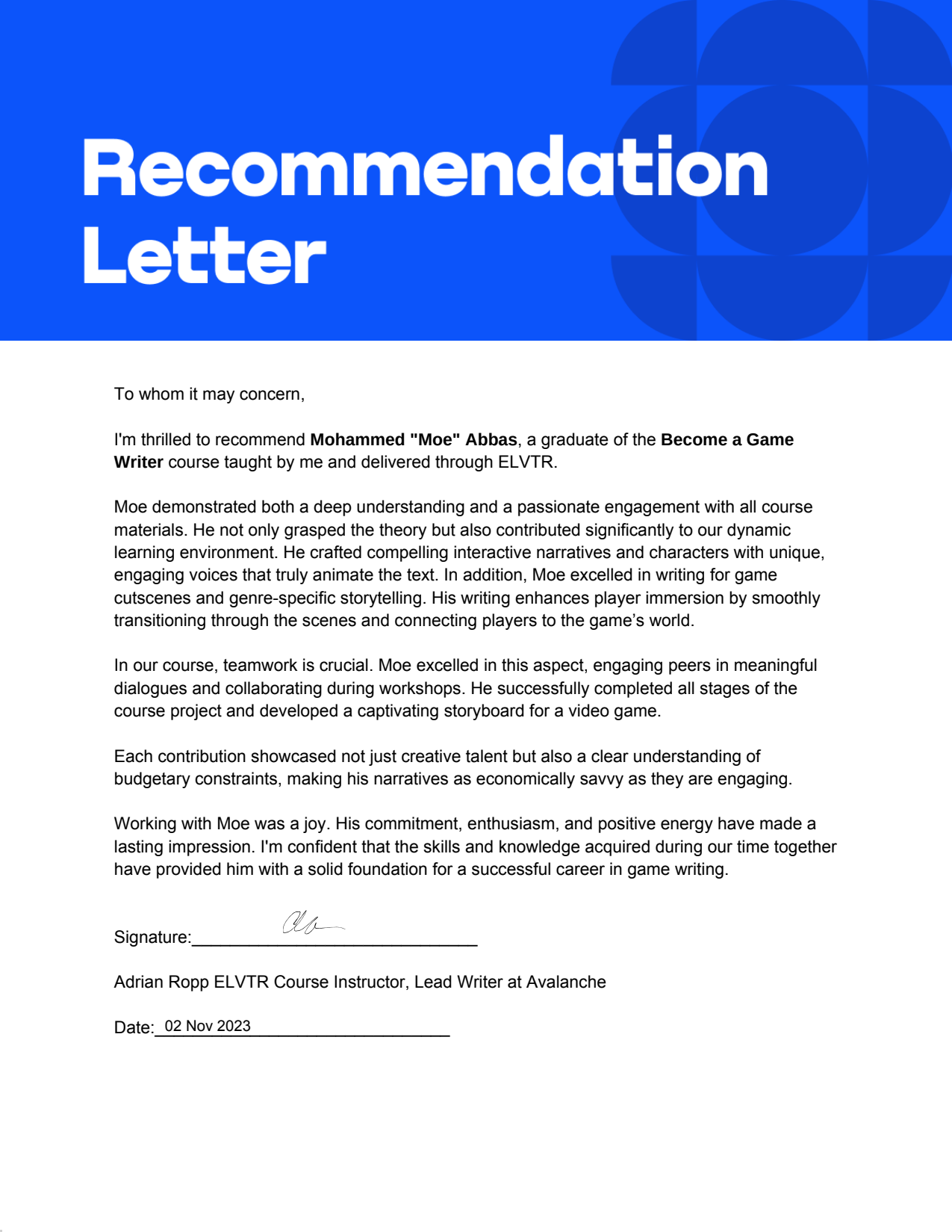 Letter of Recommendation from Adrian Ropp, page 1
